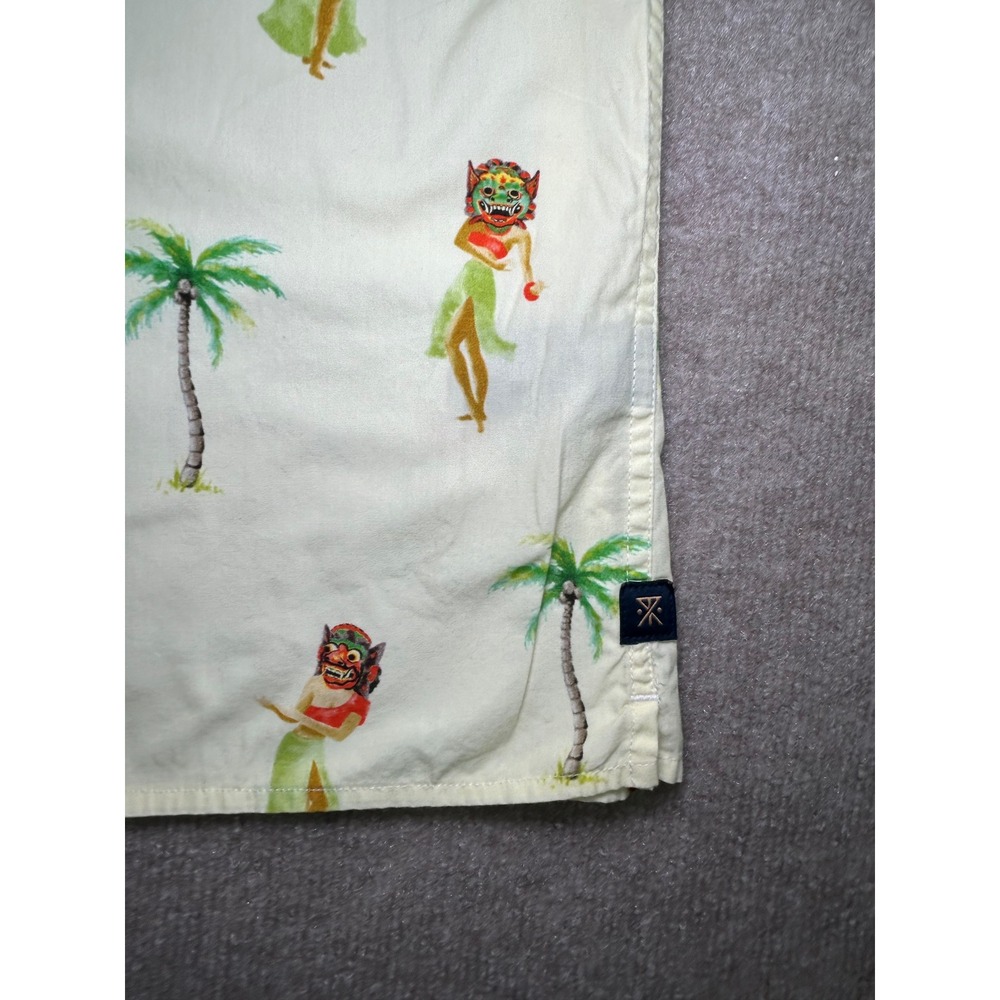 Roark Mens XL Cream Tropical Hula Mask Palm Tree Cotton Button Down Aloha Shirt - Picture 7 of 9
